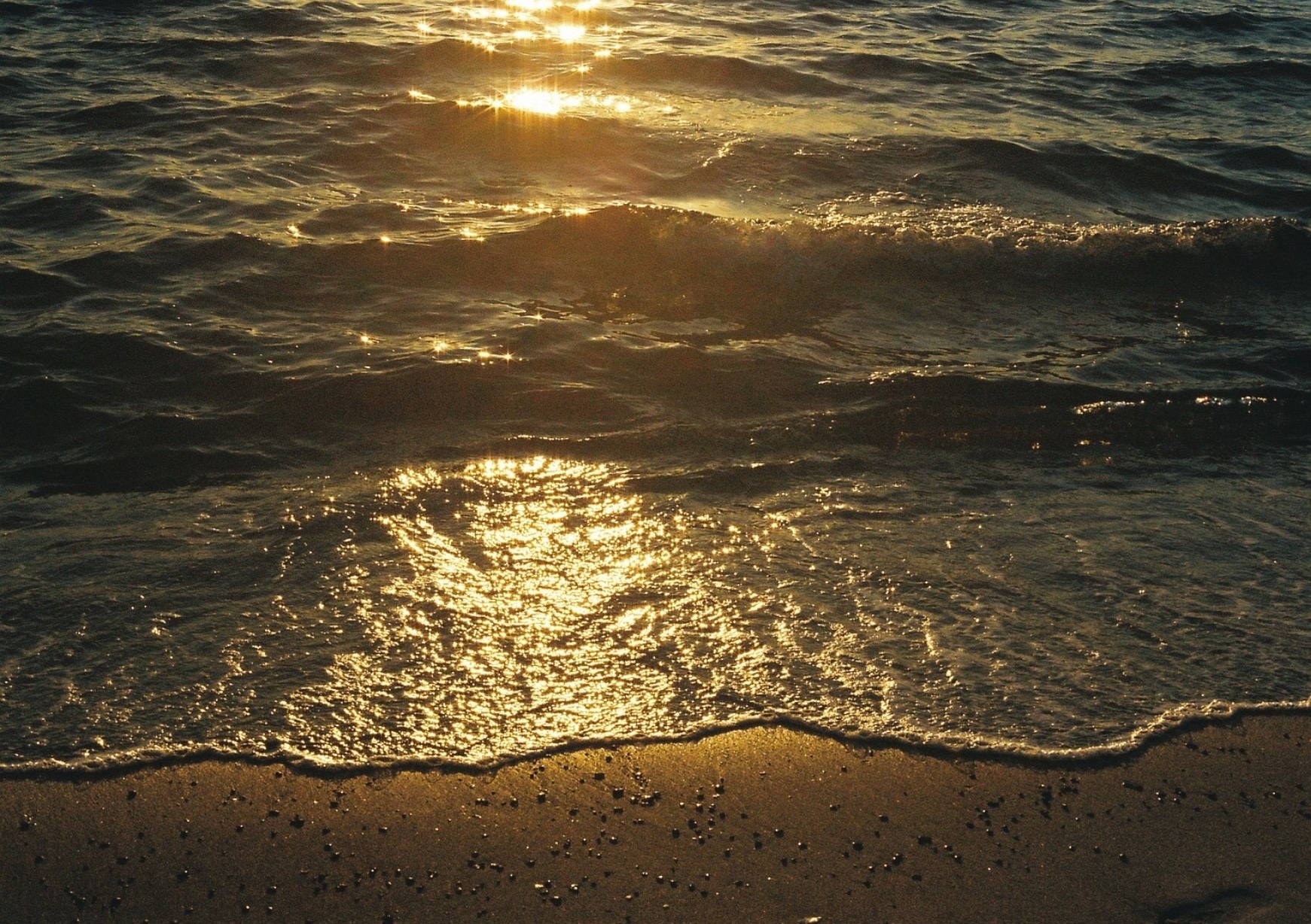 Sunlight sparkling across waves at the shoreline
