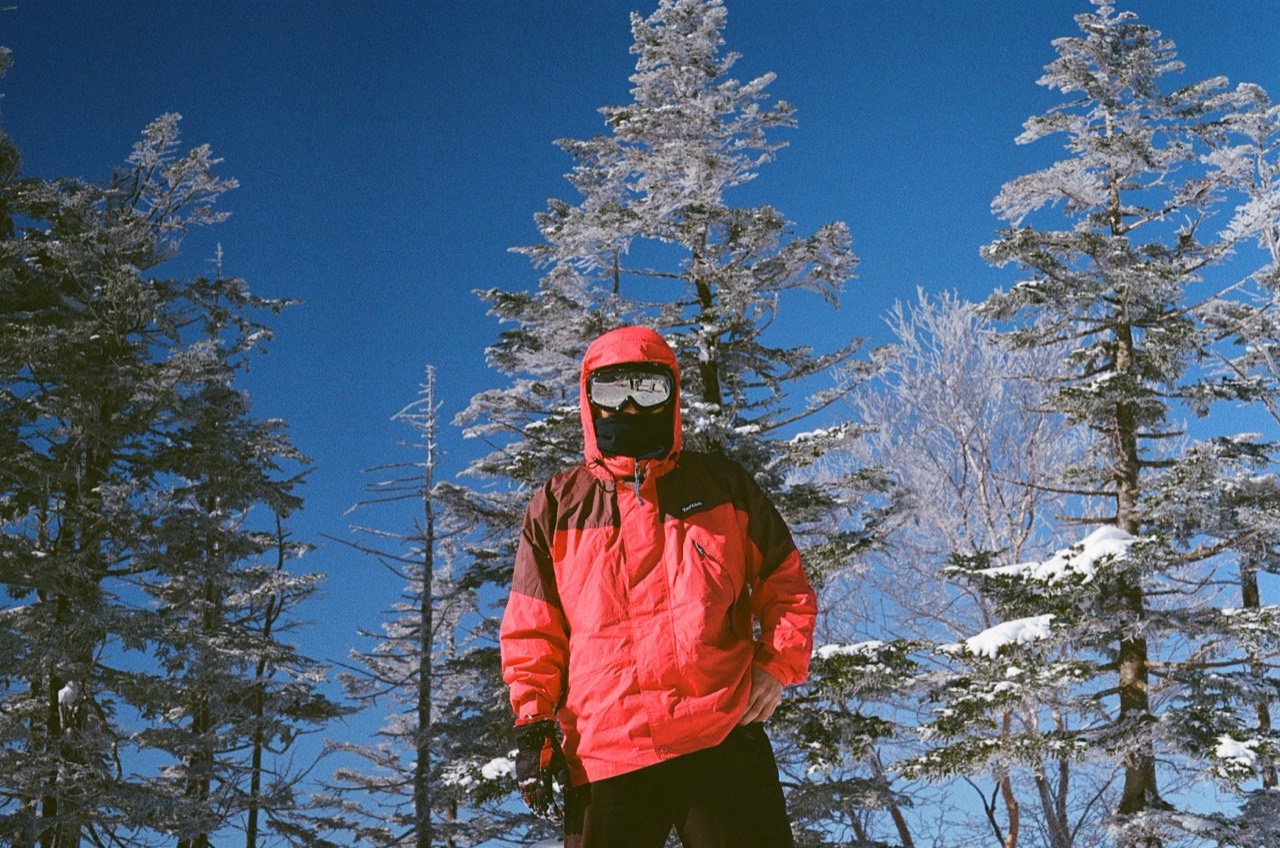 A person in a red jacket standing beneath snow-covered trees